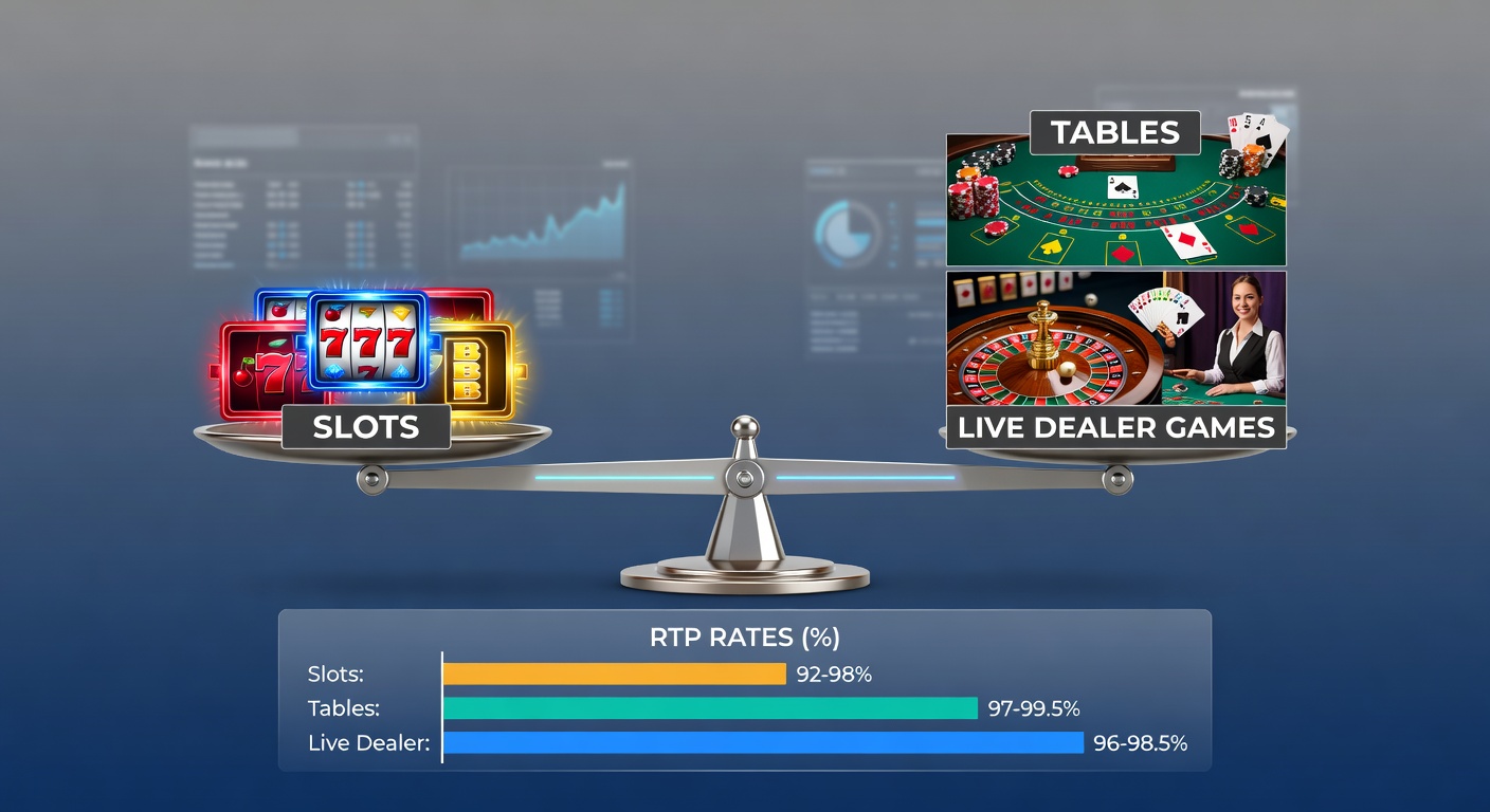 Grafik zur RTP-Vergleichsverteilung bei Slots, Tisch- und Live-Spielen, die Balkendiagramme mit Prozentsätzen zeigt