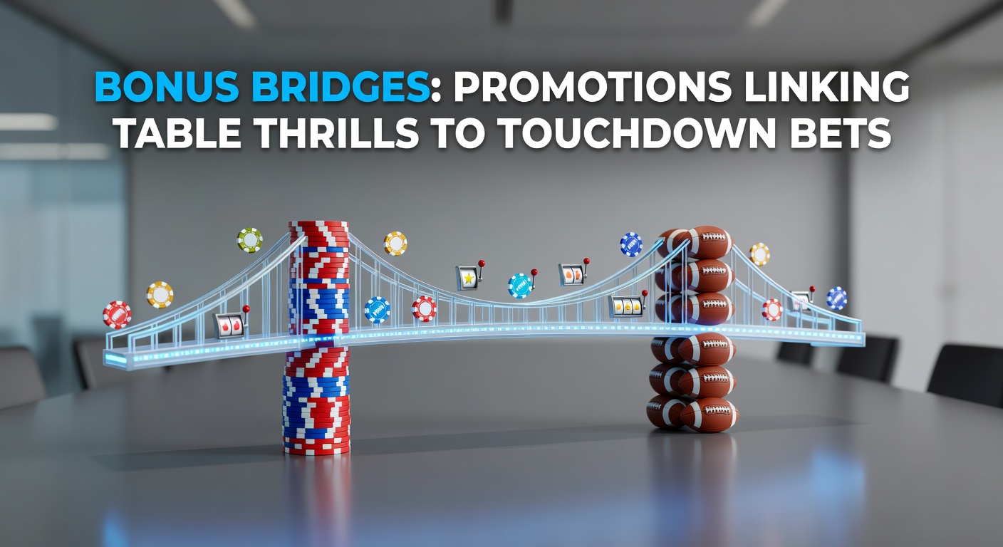 Grafik einer Brücke, die Casino-Tischspiele mit einem Football-Feld verbindet, symbolisch für Bonus-Promotions zwischen Tischthrills und Sportwetten