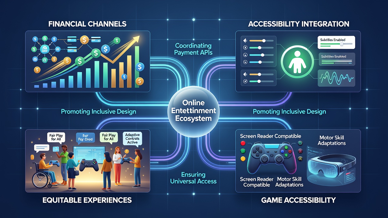 Illustration von vernetzten Finanzkanälen und barrierefreien Spielplattformen in digitalen Unterhaltungssystemen
