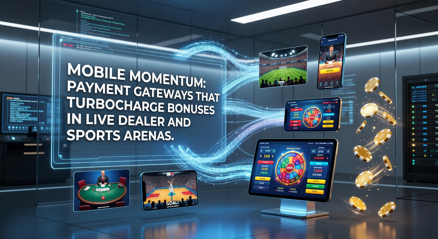 Smartphone mit Live-Dealer-Spiel und Sportwetten-App, umgeben von Zahlungssymbolen und Bonus-Icons, die Dynamik illustrieren