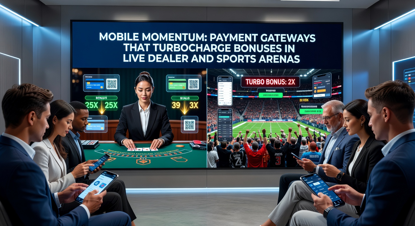 Grafik mit mobilen Zahlungs-Icons, Bonus-Explosionen über Live-Dealer-Tisch und Sportstadion, die Turbo-Effekt visualisieren